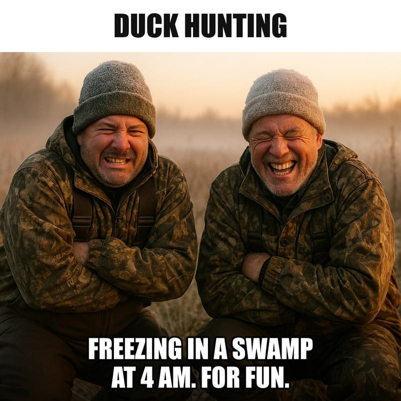 Two men in waders and camo crouching in a misty marsh before dawn, shivering, frost on their hats, grinning with happiness anyway. Caption: "Duck hunting Freezing in a swamp at 4 AM. For fun."