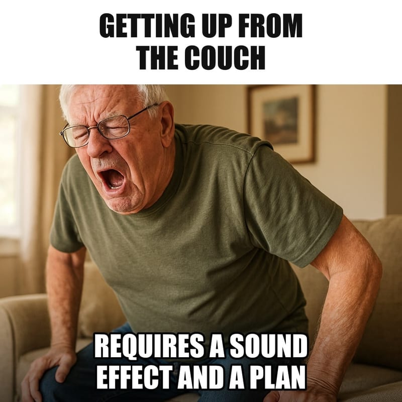 A grandfather rising from a very low soft couch with visible effort, one hand pushing on the armrest, face scrunched, mouth open mid-groan. Caption: "Getting up from the couch Requires a sound effect and a plan"
