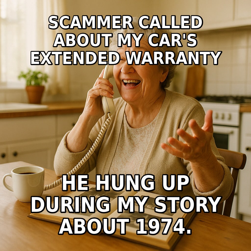 A delighted grandmother talks happily on a landline phone at her kitchen table with a photo album open beside her. Caption: "Scammer called about my car's extended warranty He hung up during my story about 1974."