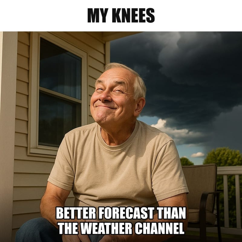 A senior man sitting on a porch rubbing one knee, looking up at dark storm clouds gathering on a sunny day with a knowing, smug expression. Caption: "My knees Better forecast than the weather channel"