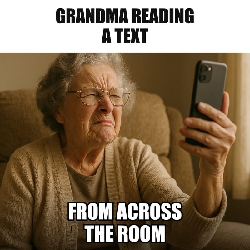 A grandmother holding a smartphone at full arm's length, squinting hard at it with her head pulled back, in a cozy armchair. Caption: "Grandma reading a text From across the room"