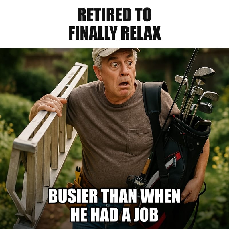 A retired man in a garden with a tool belt, a ladder under one arm, a fishing rod in the other hand and a golf bag over his shoulder, looking rushed. Caption: "Retired to finally relax Busier than when he had a job"