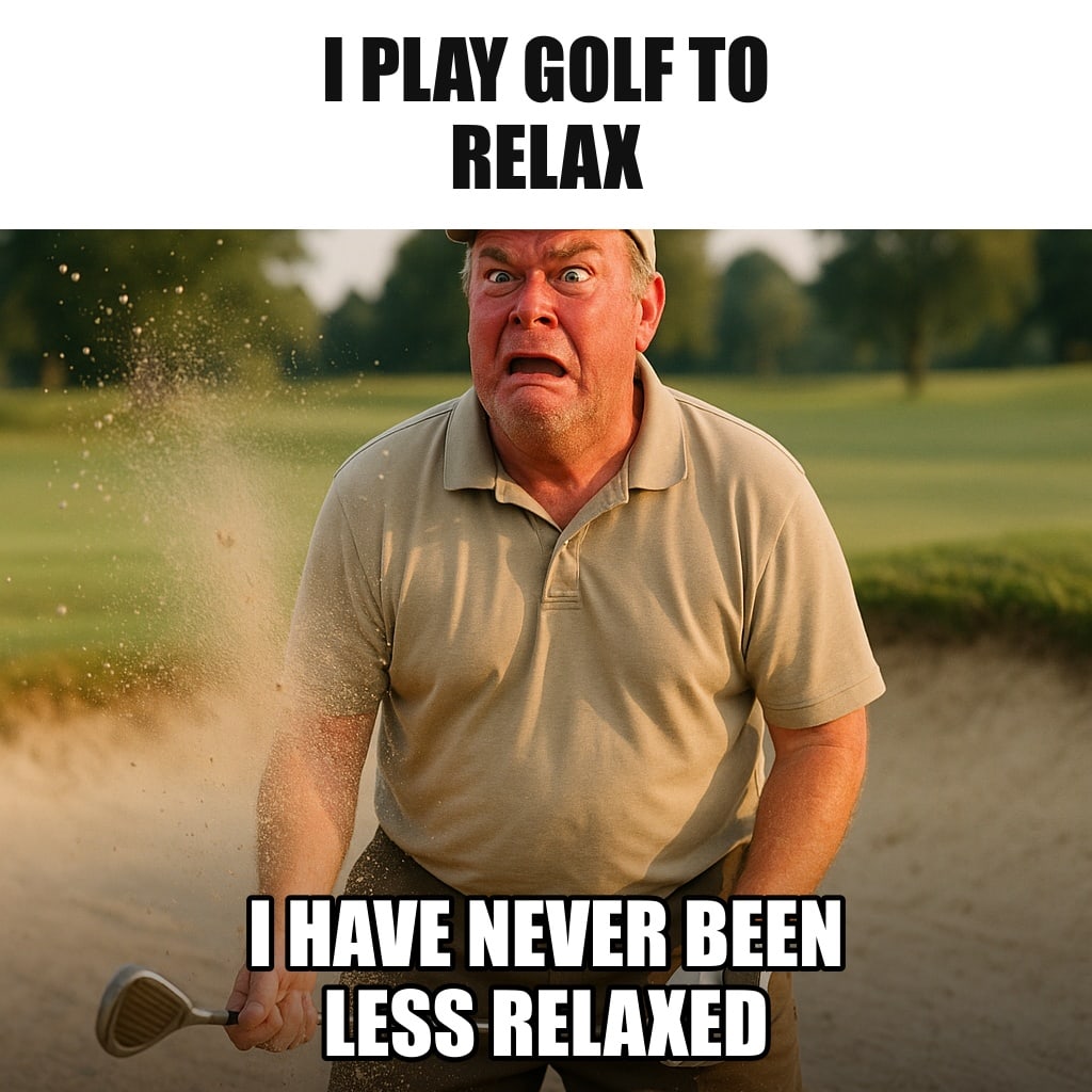 A golfer standing in a sand bunker up to his ankles, sand spraying around, a red, exasperated face, golf club in hand. Caption: "I play golf to relax I have never been less relaxed"