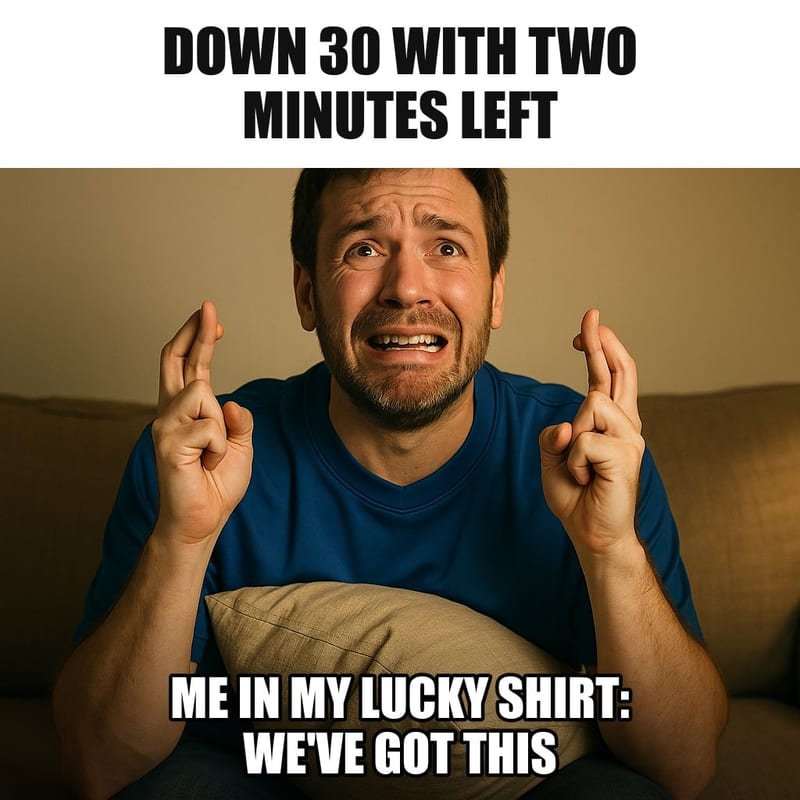 A man on a couch in a plain blue sports jersey with no logos, clutching a pillow, fingers crossed on both hands, face full of desperate hope, lit by the TV. Caption: "Down 30 with two minutes left Me in my lucky shirt: we've got this"