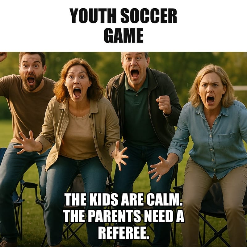 A row of parents in folding chairs on a youth soccer sideline, jumping up with intense passionate faces, while small children on the field behind them casually pick daisies. Caption: "Youth soccer game The kids are calm. The parents need a referee."