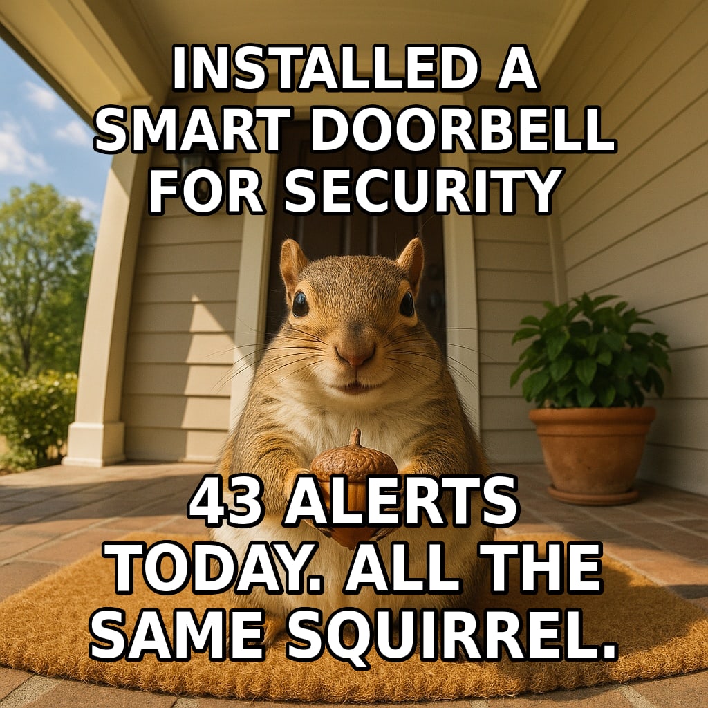 A smug squirrel holding an acorn stares straight into a doorbell camera from a front porch. Caption: "Installed a smart doorbell for security 43 alerts today. All the same squirrel."