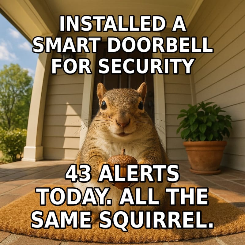 A smug squirrel holding an acorn stares straight into a doorbell camera from a front porch. Caption: "Installed a smart doorbell for security 43 alerts today. All the same squirrel."