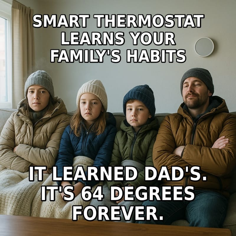 A family bundled in coats and hats sits shivering on a couch while the dad looks proudly at the wall thermostat. Caption: "Smart thermostat learns your family's habits It learned Dad's. It's 64 degrees forever."