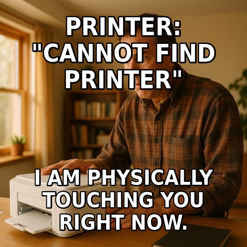 A man rests his hand on a home printer and stares at it in wounded disbelief. Caption: "Printer: "Cannot find printer" I am physically touching you right now."
