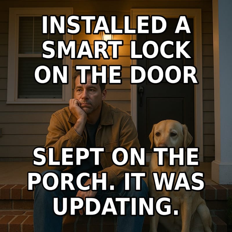 A man and his dog sit resigned on the front porch steps next to a door with a sleek smart lock. Caption: "Installed a smart lock on the door Slept on the porch. It was updating."