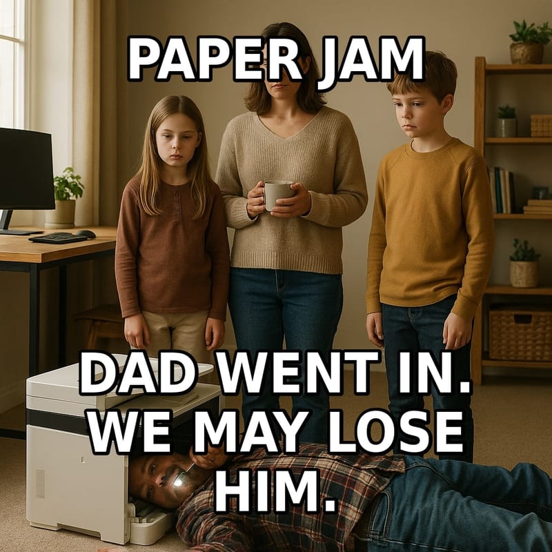 A dad lies on the floor with his head inside a printer while his family watches solemnly. Caption: "Paper jam Dad went in. We may lose him."