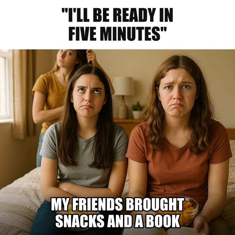 Two teenage girls sitting on a bed patiently with snacks and an open book, waiting, while a third girl in the background still brushes her hair. Caption: ""I'll be ready in five minutes" My friends brought snacks and a book"