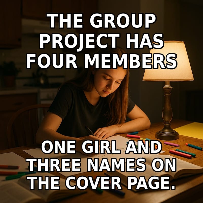 A teen girl works alone at a table covered in poster boards and markers late at night. Caption: "The group project has four members One girl and three names on the cover page."