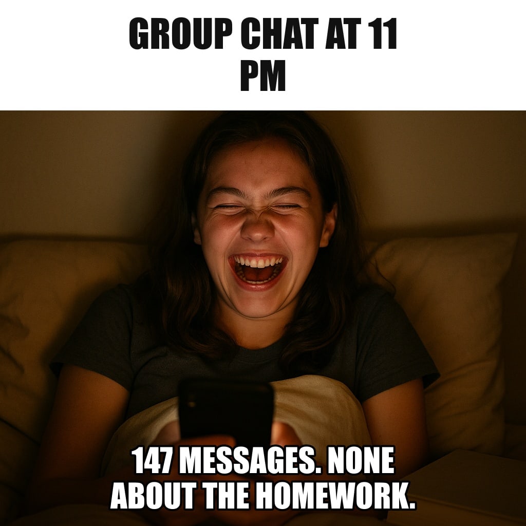 A teenage girl in bed under covers at night lit by her phone screen, laughing, a closed textbook beside her. Caption: "Group chat at 11 PM 147 messages. None about the homework."
