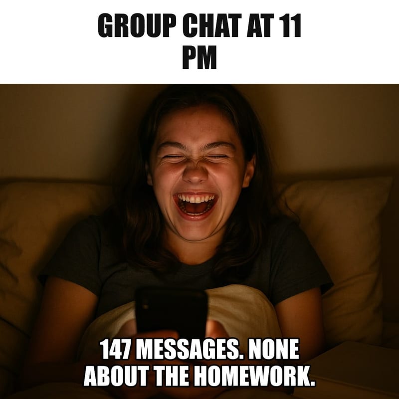 A teenage girl in bed under covers at night lit by her phone screen, laughing, a closed textbook beside her. Caption: "Group chat at 11 PM 147 messages. None about the homework."