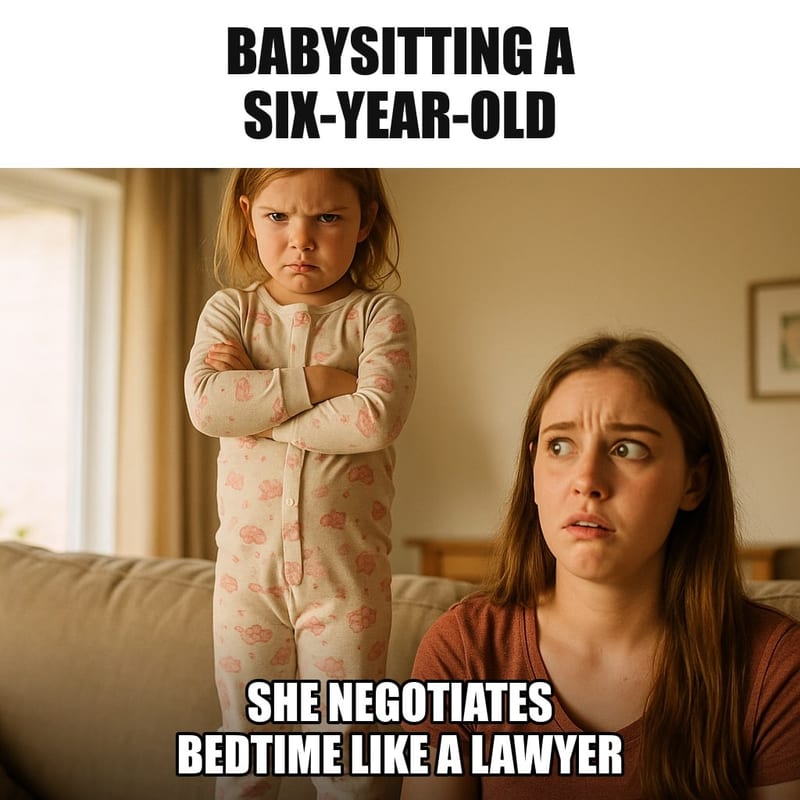 A little girl in pajamas standing on a couch with arms crossed and a serious businesslike expression, a teenage babysitter sitting in front of her looking bewildered. Caption: "Babysitting a six-year-old She negotiates bedtime like a lawyer"