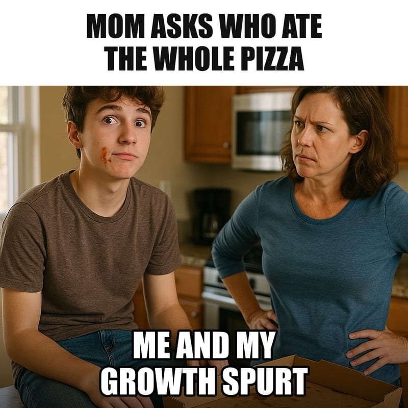 A teenage boy sitting on a kitchen counter beside an empty pizza box, looking innocent, pizza sauce on his cheek, mom standing with hands on hips. Caption: "Mom asks who ate the whole pizza Me and my growth spurt"