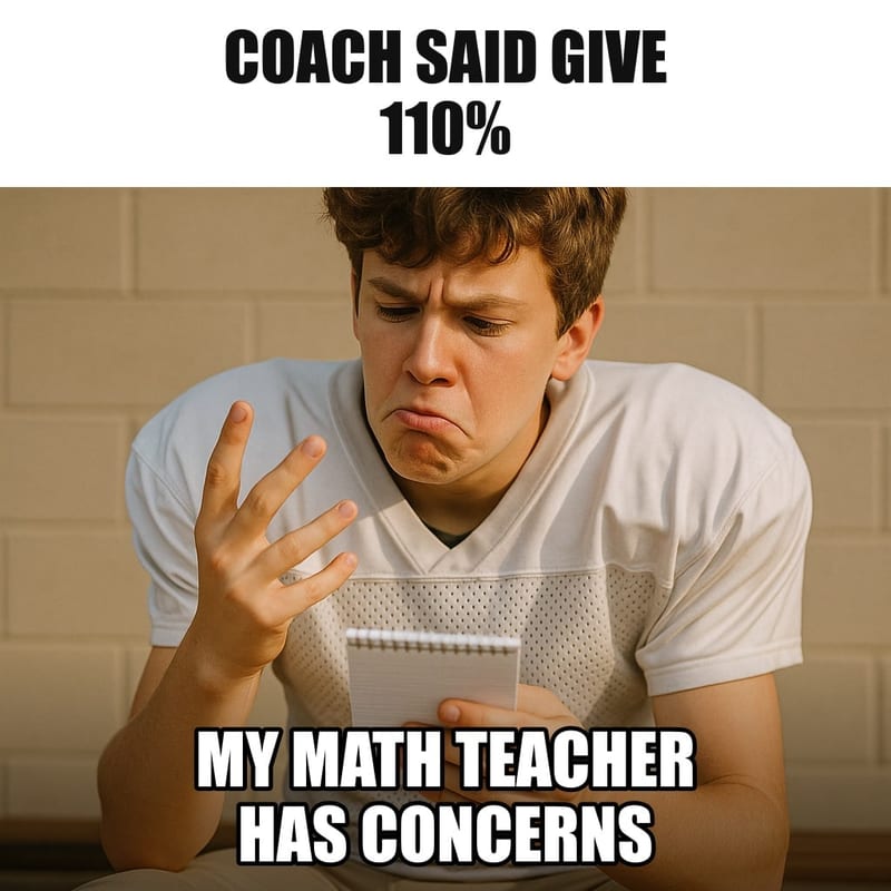 A teenage boy in a football practice uniform with no logos sitting on a bench looking puzzled at a notepad, doing math on his fingers. Caption: "Coach said give 110% My math teacher has concerns"