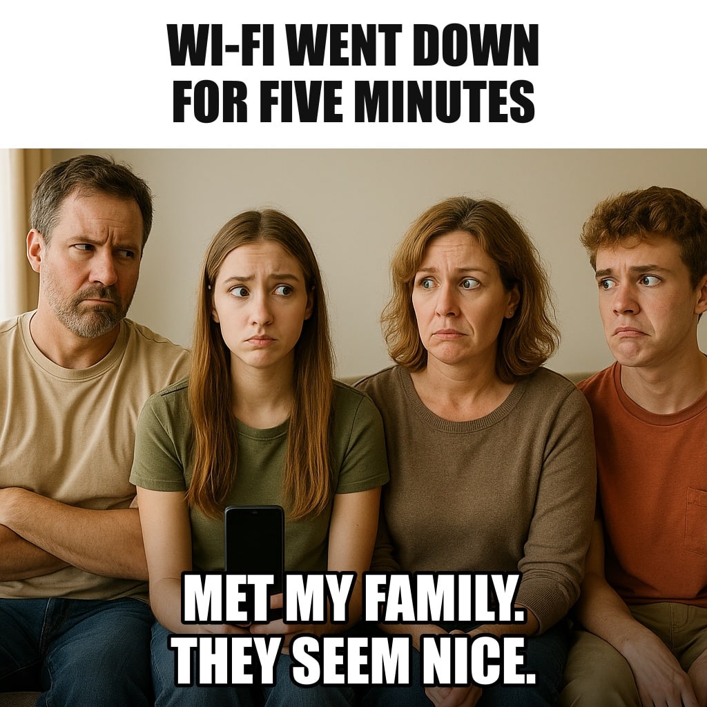 A family of four sitting in a living room staring at each other awkwardly in the silence, a teenager holding a dead phone, all looking unsure what to do. Caption: "Wi-Fi went down for five minutes Met my family. They seem nice."
