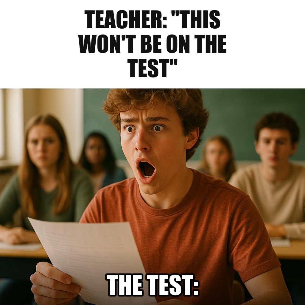 A shocked teenage student at a school desk holding a test paper facing away from the camera, mouth open in betrayal, classroom behind. Caption: "Teacher: "This won't be on the test" The test:"