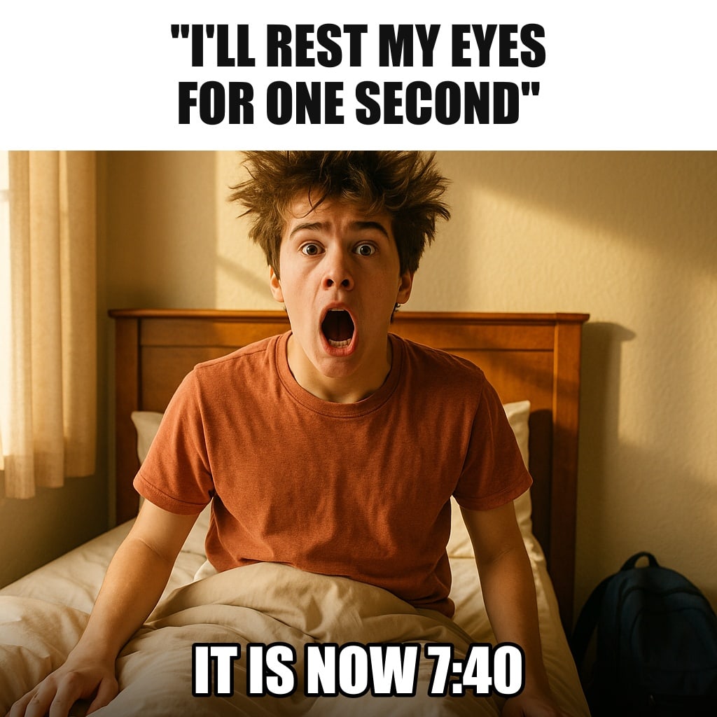 A teenager bolting upright in bed in panic, hair wild, sunlight flooding the room, school backpack on the floor. Caption: ""I'll rest my eyes for one second" It is now 7:40"