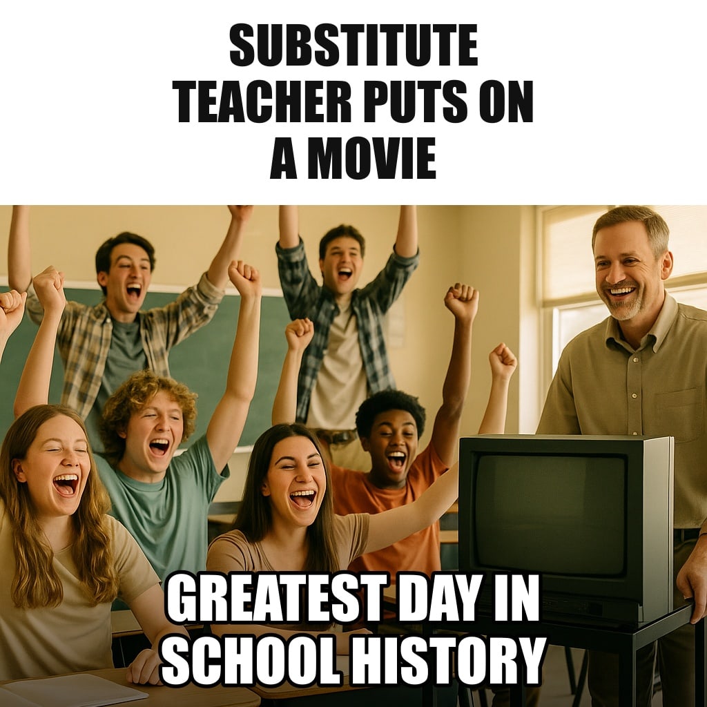 A classroom of teenagers cheering with arms up in celebration as a substitute teacher rolls in an old TV cart. Caption: "Substitute teacher puts on a movie Greatest day in school history"