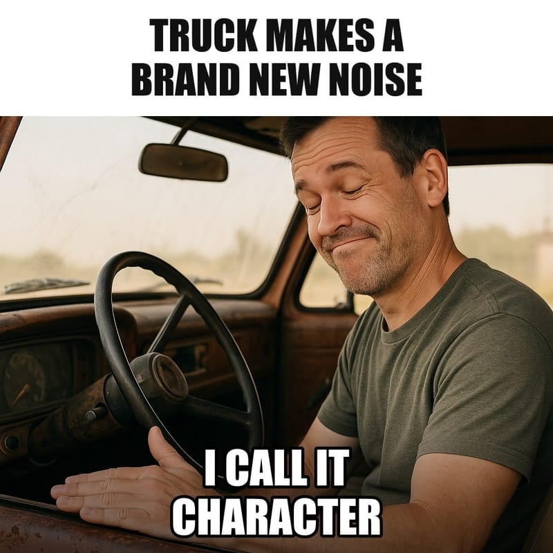 A man in the driver's seat of an old rusty pickup truck, listening with his head tilted, then nodding with calm acceptance and patting the dashboard. Caption: "Truck makes a brand new noise I call it character"