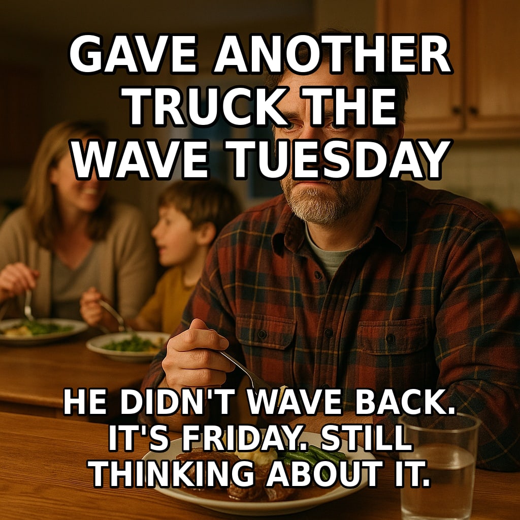A man at a family dinner table stares blankly into space with his fork frozen halfway to his mouth while his family eats around him. Caption: "Gave another truck the wave Tuesday He didn't wave back. It's Friday. Still thinking about it."