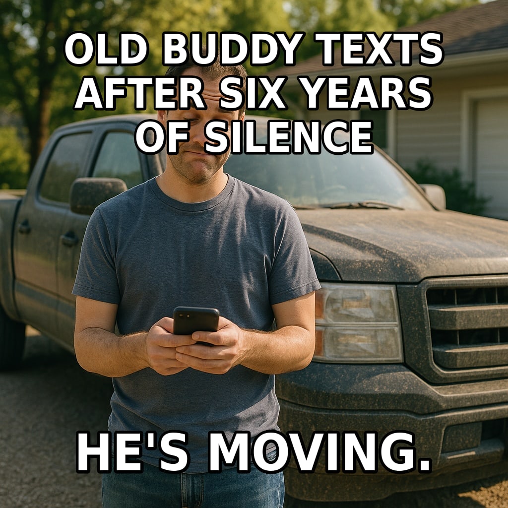 A man beside his pickup truck looks at his phone with a tired, knowing expression. Caption: "Old buddy texts after six years of silence He's moving."