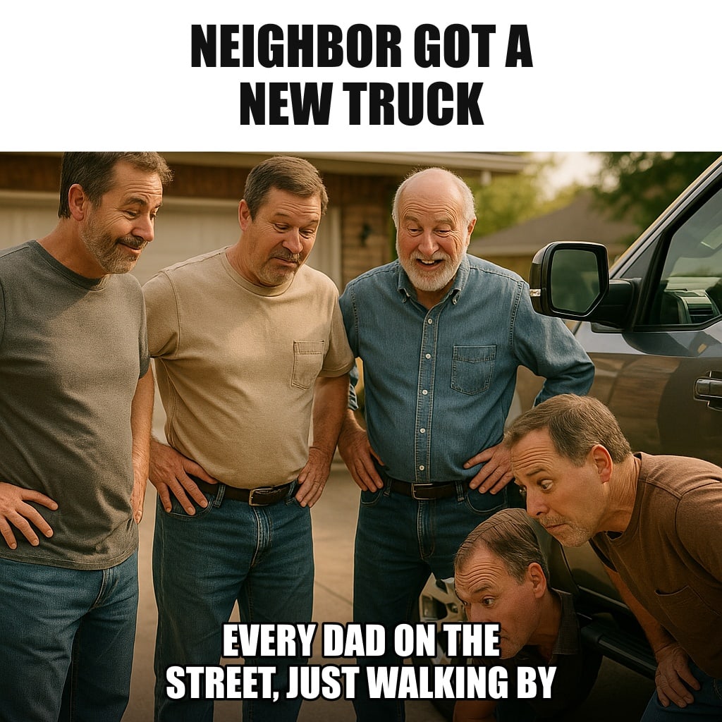 Four middle-aged men standing in a semicircle around a shiny new pickup truck in a driveway, hands on hips, nodding approvingly, one peering at the tire. Caption: "Neighbor got a new truck Every dad on the street, just walking by"