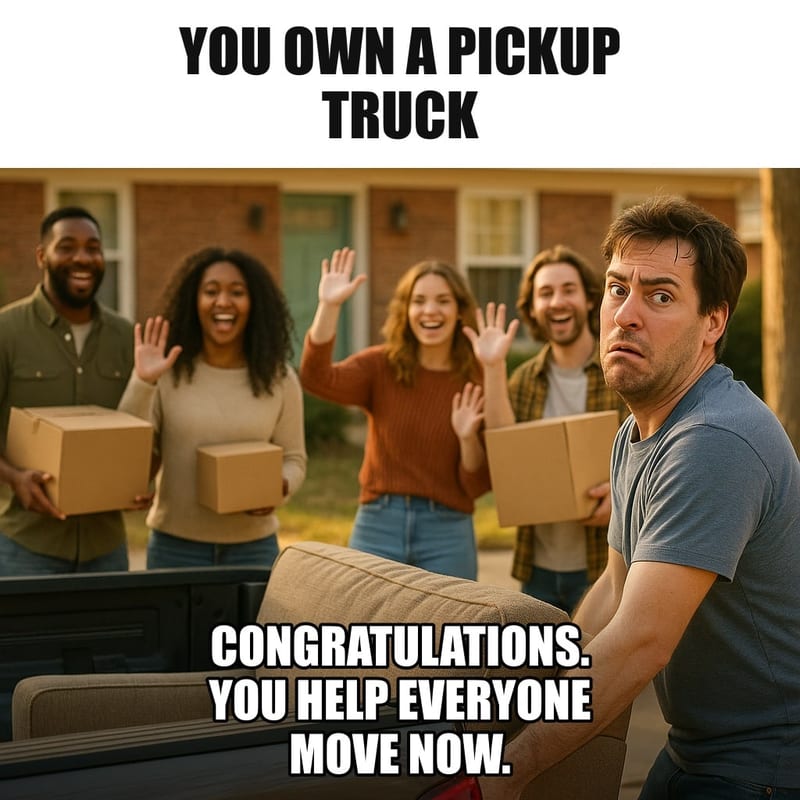 A tired man lifting one end of a heavy couch into the bed of his pickup, while a crowd of cheerful friends stands on the curb holding boxes and waving at him. Caption: "You own a pickup truck Congratulations. You help everyone move now."