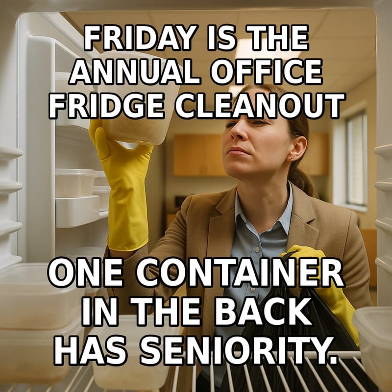 A woman in rubber gloves holds a mysterious old food container from the back of an office fridge at arm's length. Caption: "Friday is the annual office fridge cleanout One container in the back has seniority."