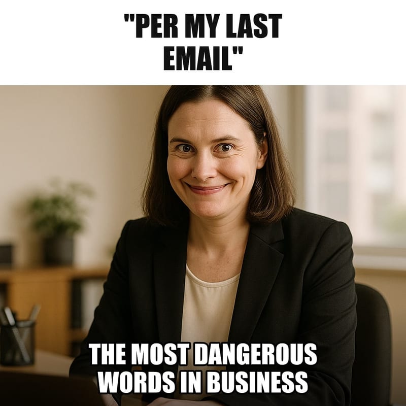 A professional woman at her office desk typing on a laptop with a sweet, very calm, slightly terrifying smile. Caption: ""Per my last email" The most dangerous words in business"