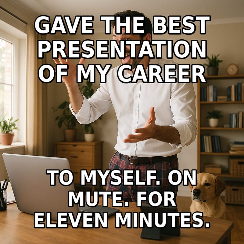 A man in a dress shirt and pajama pants gives a passionate presentation to his laptop while his dog watches. Caption: "Gave the best presentation of my career To myself. On mute. For eleven minutes."