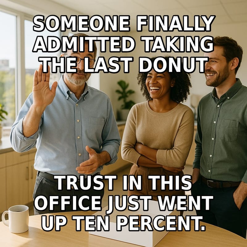 A man in the office break room raises his hand near an empty donut box while two coworkers smile. Caption: "Someone finally admitted taking the last donut Trust in this office just went up ten percent."