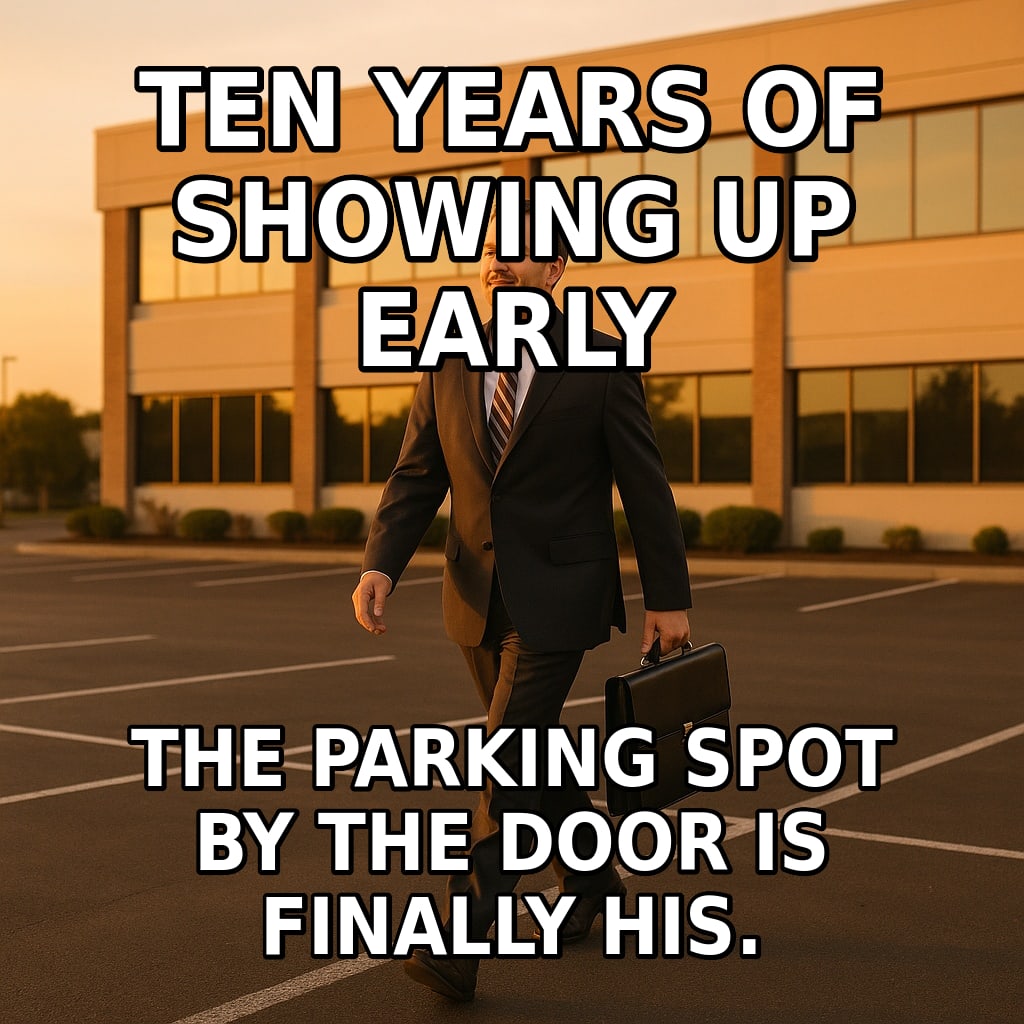 A man in a suit walks across an empty parking lot toward an office building at sunrise. Caption: "Ten years of showing up early The parking spot by the door is finally his."