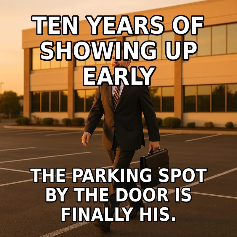 A man in a suit walks across an empty parking lot toward an office building at sunrise. Caption: "Ten years of showing up early The parking spot by the door is finally his."