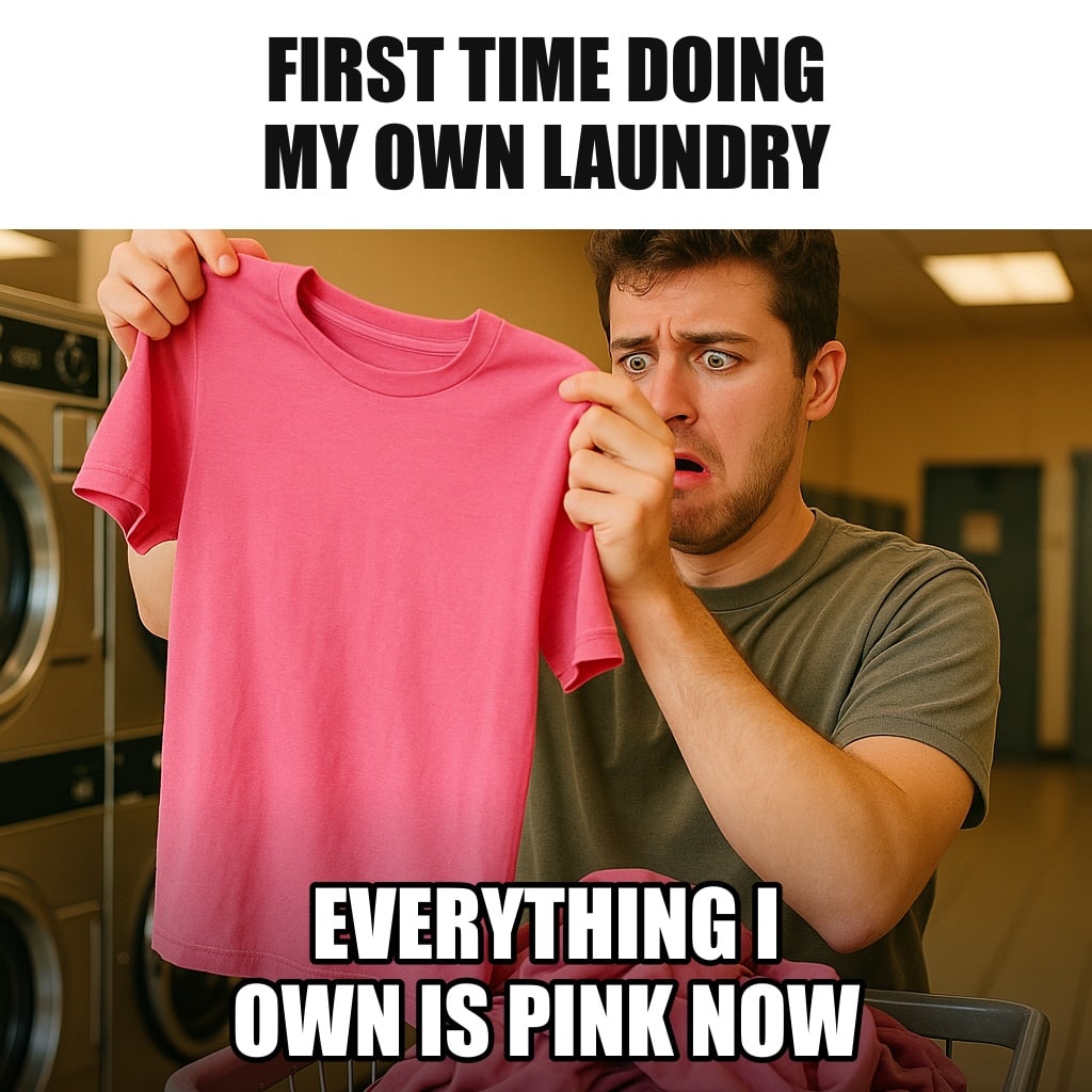 A young man in a laundromat holding up a formerly white T-shirt that is now bright pink, a pile of pink clothes in his basket, disbelieving face. Caption: "First time doing my own laundry Everything I own is pink now"