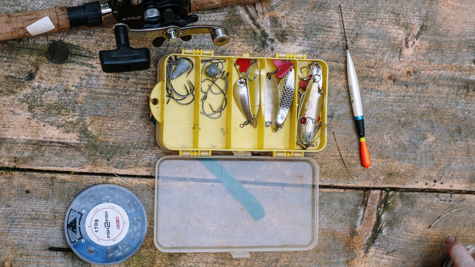 The whole beginner fishing kit fits in a shoebox